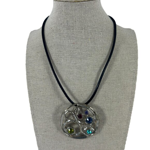 Silver Tone Round Rhinestones Pendant Corded Necklace Open Work Geometric - Picture 2 of 10